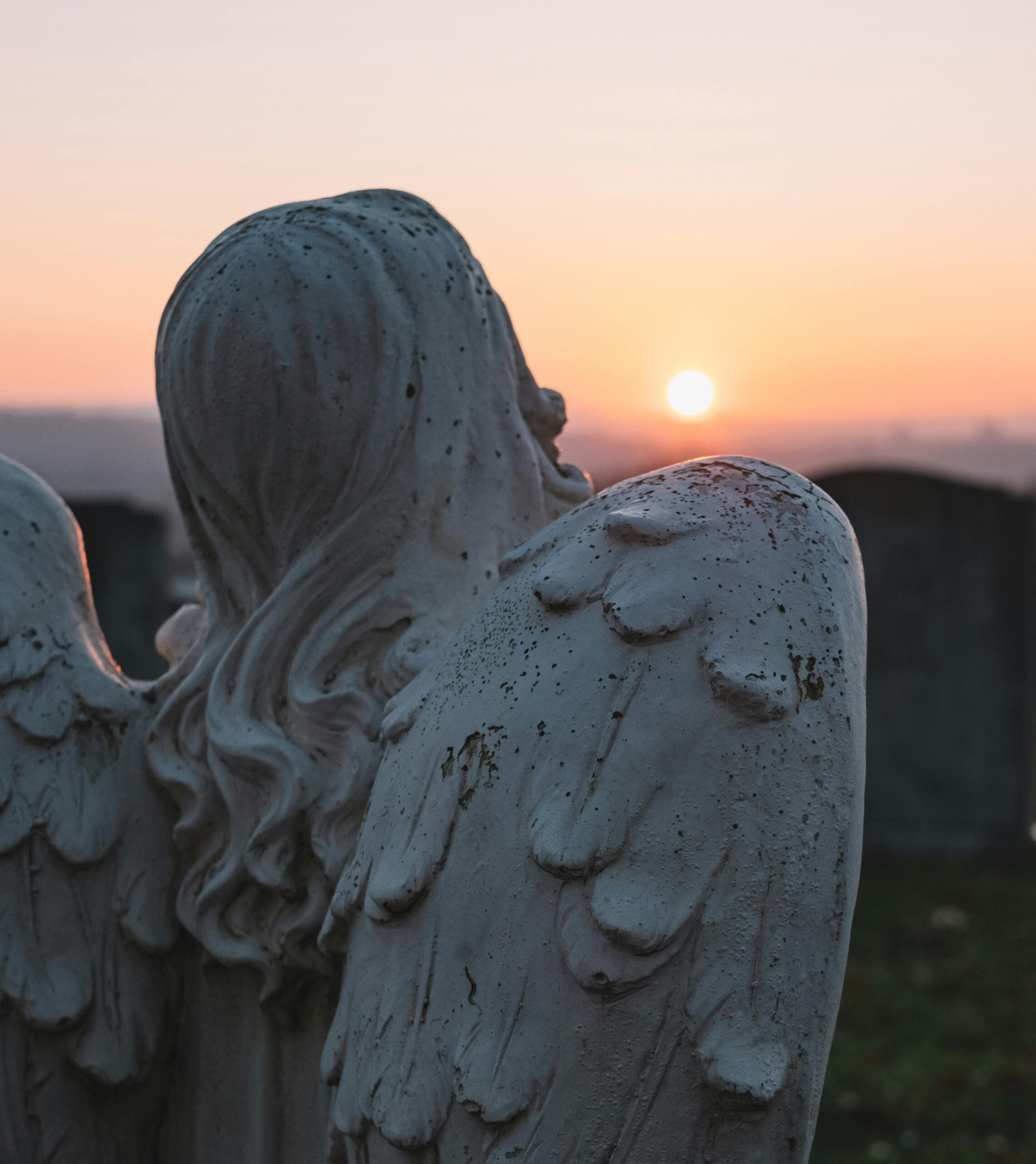 A contemplative angel statue in a cemetery, facing a serene sunset sky.